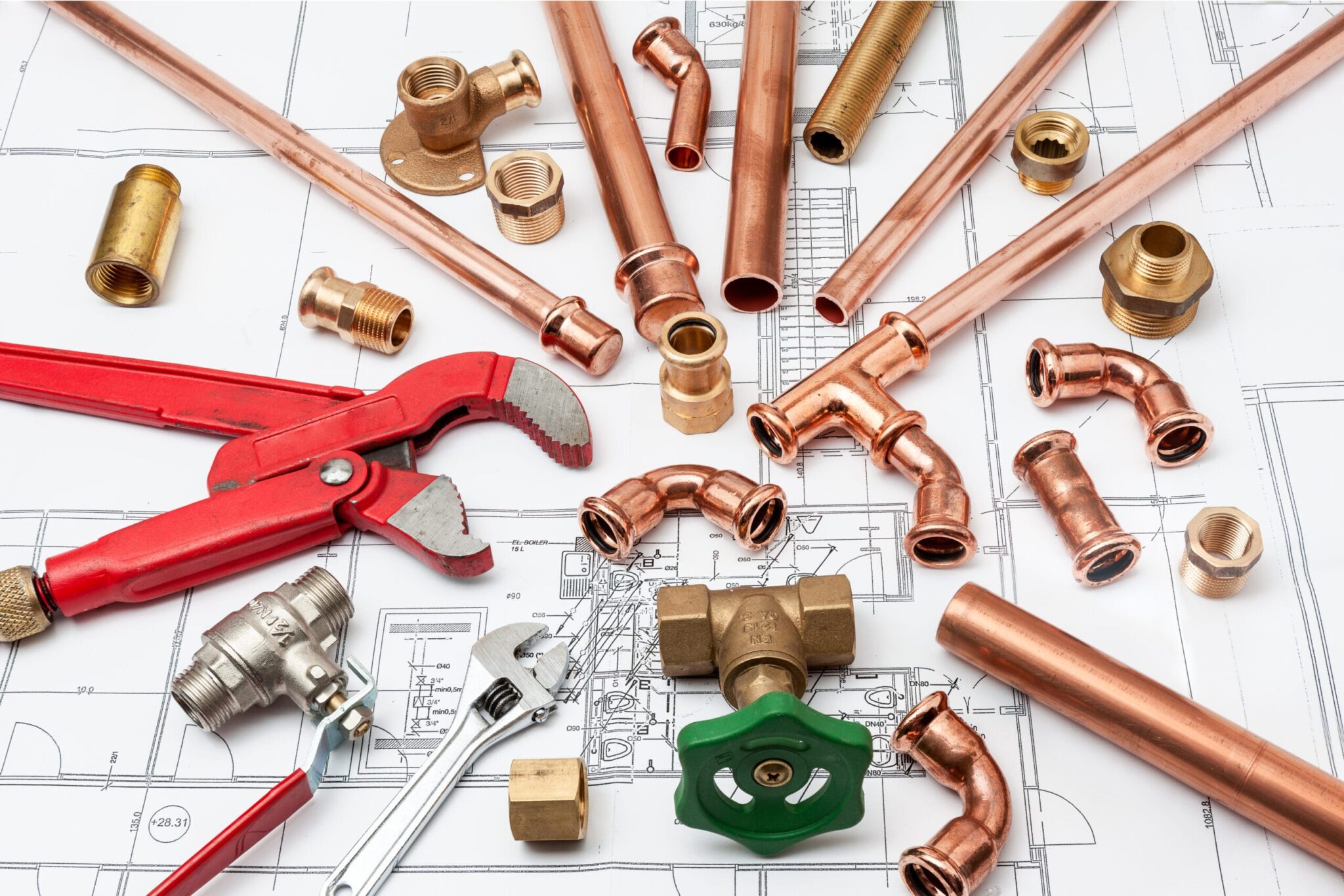 Copper pipes, fittings, valves, and plumbing tools in Waco