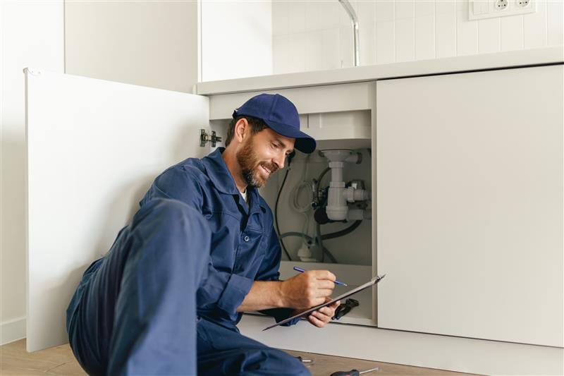 Residential plumber reviewing plumbing repairs in a Waco kitchen