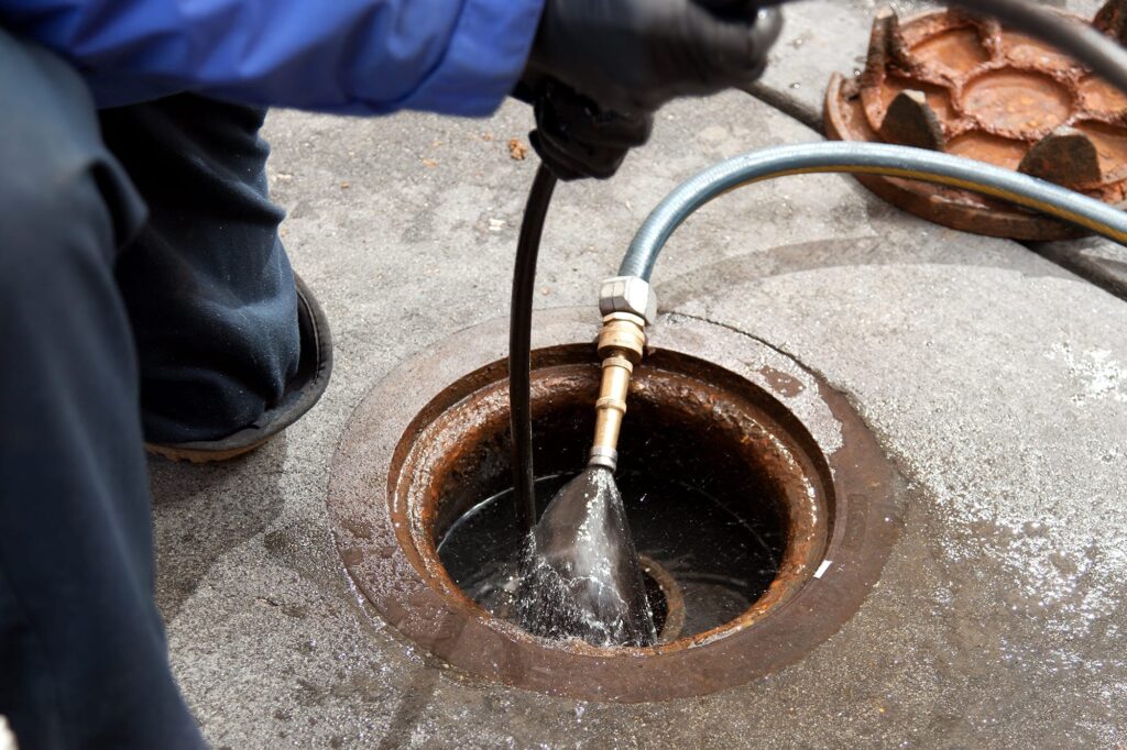 Plumber hydro jetting a sewer line through a manhole in Waco