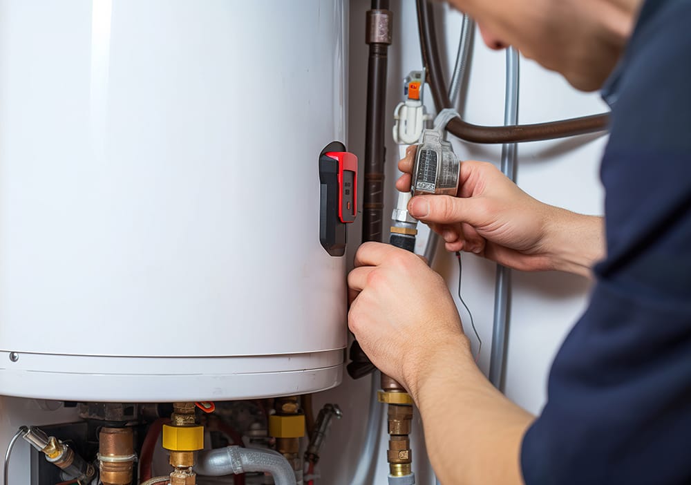 Technician repairing pipes connected to a water heater in Waco